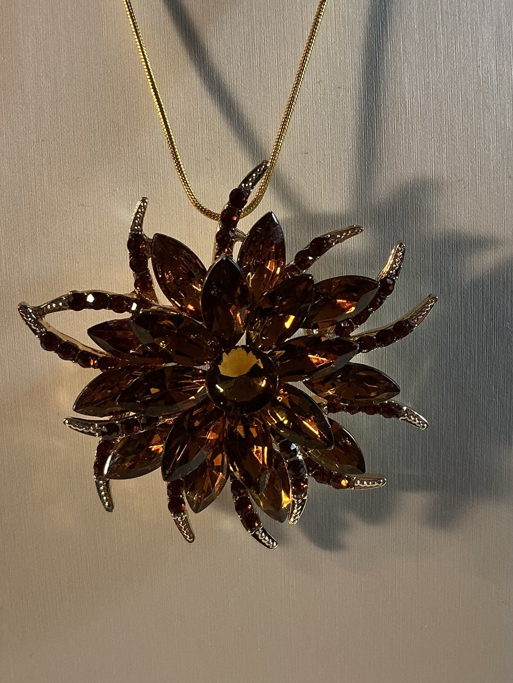 Amber Marquise and Rhinestone Starburst Flower Gold Tone Brooch Pendant